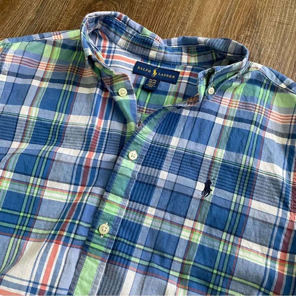Ralph Lauren Boys XL 18-20 Blue Green Plaid Short Sleeve Button Down Shirt Pony